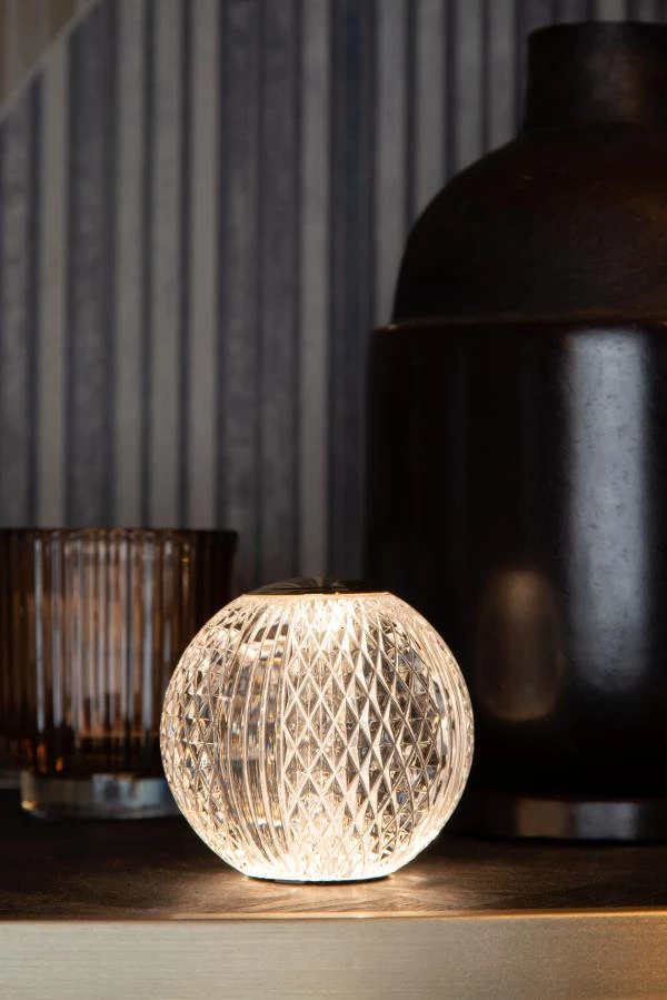 Lucide CINTRA - Lampe de table Rechargeable - Batterie/Piles - Ø 11 cm - LED 3 StepDim - 1x2W 2700K - Transparent - ambiance 1